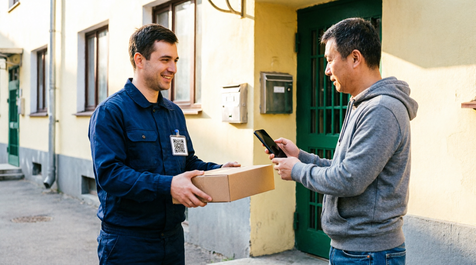 Курьер с QR-визиткой на бейдже